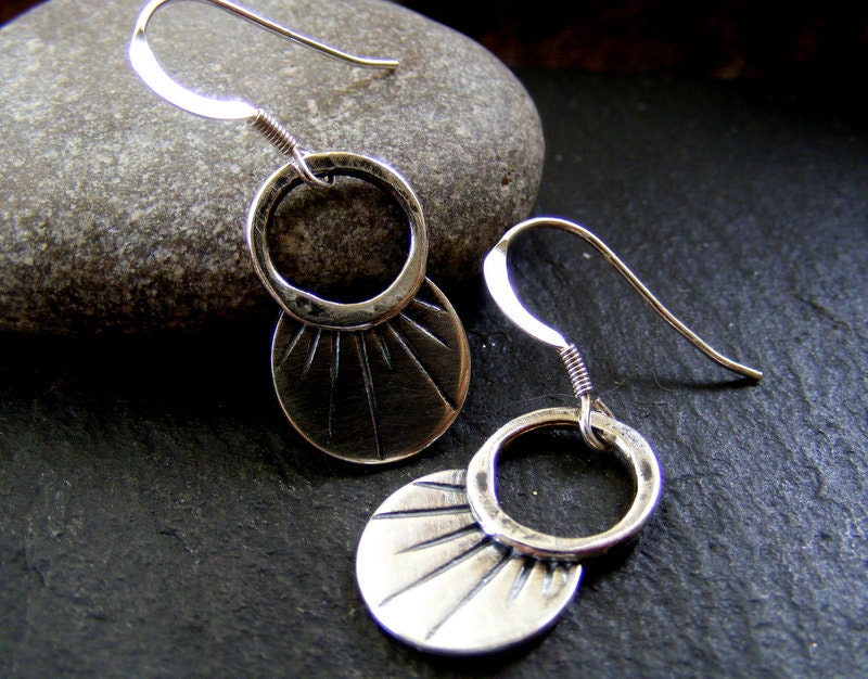 Silver Crescent Sunburst Hammered Gypsy hoop dangle earrings rustic hoops