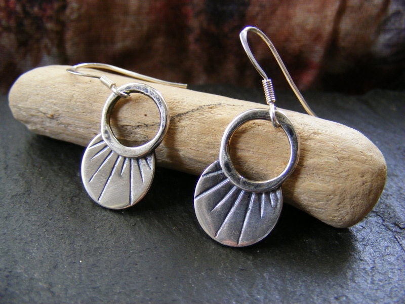 Silver Crescent Sunburst Hammered Gypsy hoop dangle earrings rustic hoops