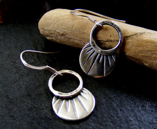 Silver Crescent Sunburst Hammered Gypsy hoop dangle earrings rustic hoops