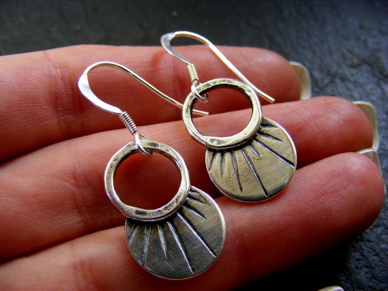 Silver Crescent Sunburst Hammered Gypsy hoop dangle earrings rustic hoops