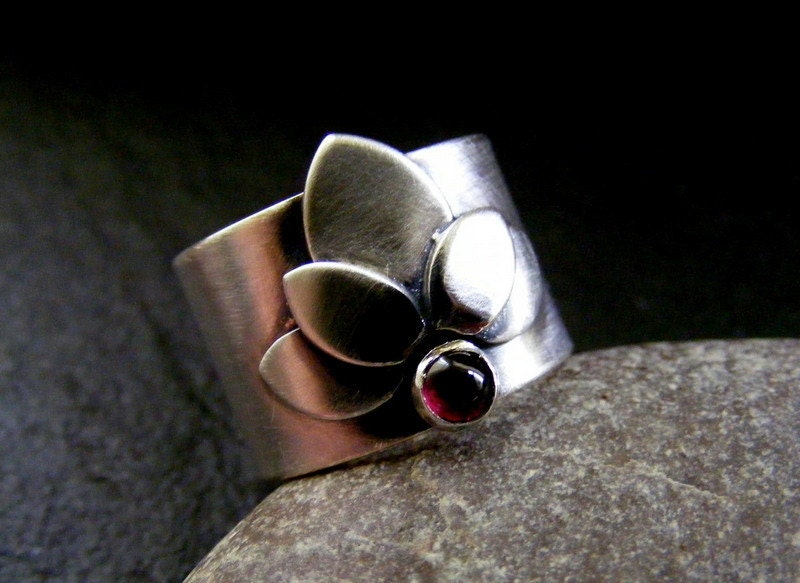 Silver Lotus Ring with Garnet Gemstone Flower statement ring with precious stone
