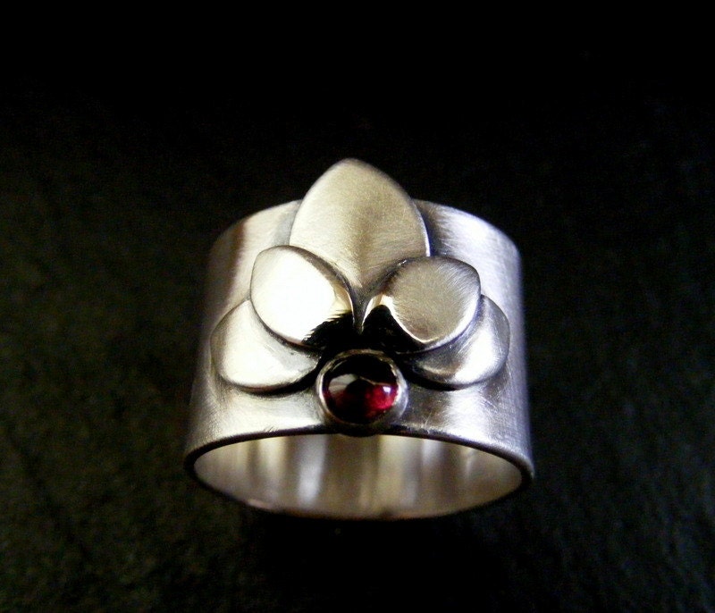 Silver Lotus Ring with Garnet Gemstone Flower statement ring with precious stone