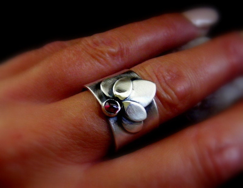 Silver Lotus Ring with Garnet Gemstone Flower statement ring with precious stone