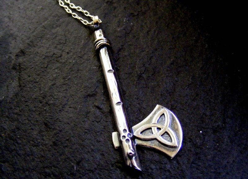Silver Axe Pendant miniature weapon with celtic knot and wood texture with silver chain