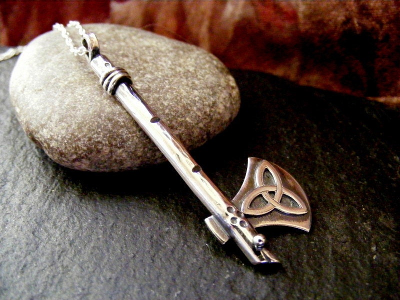 Silver Axe Pendant miniature weapon with celtic knot and wood texture with silver chain