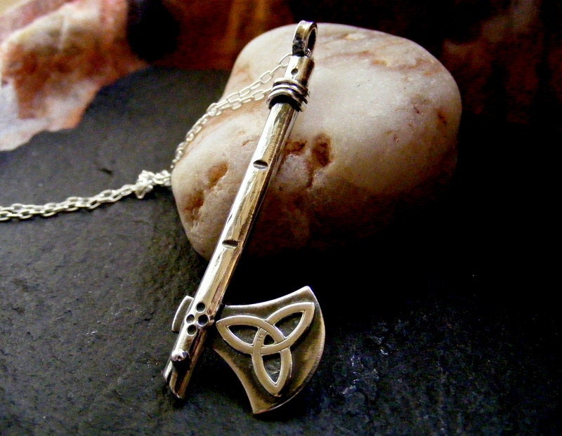Silver Axe Pendant miniature weapon with celtic knot and wood texture with silver chain