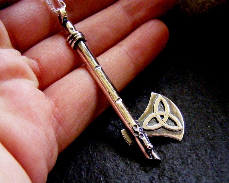 Silver Axe Pendant miniature weapon with celtic knot and wood texture with silver chain