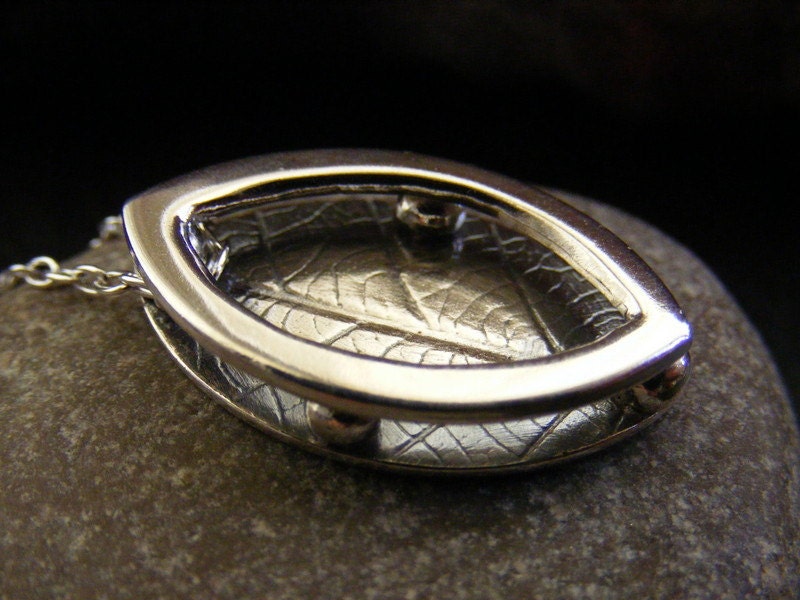 Silver Leaf Pendant shadow box layered and textured necklace with oxidised finish