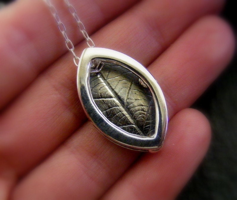 Silver Leaf Pendant shadow box layered and textured necklace with oxidised finish