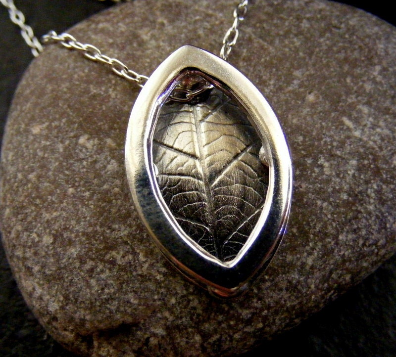 Silver Leaf Pendant shadow box layered and textured necklace with oxidised finish
