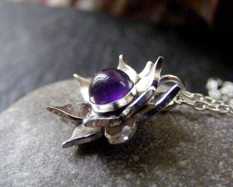Silver Lotus Flower Amethyst Pendant necklace with Sterling cable chain