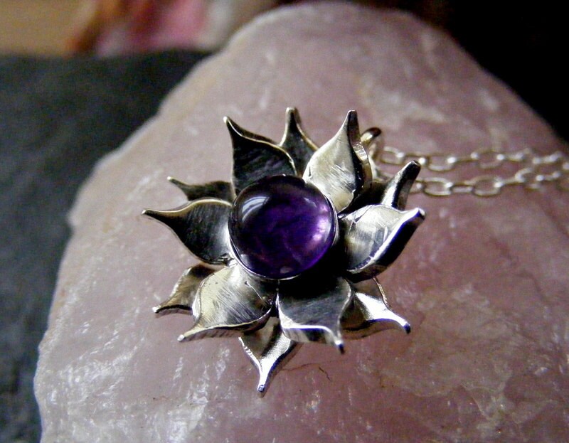 Silver Lotus Flower Amethyst Pendant necklace with Sterling cable chain