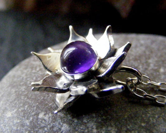 Silver Lotus Flower Amethyst Pendant necklace with Sterling cable chain