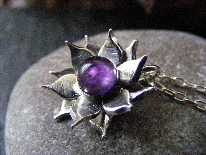 Silver Lotus Flower Amethyst Pendant necklace with Sterling cable chain