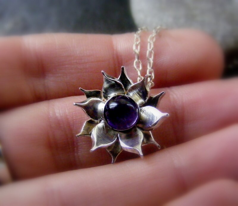 Silver Lotus Flower Amethyst Pendant necklace with Sterling cable chain