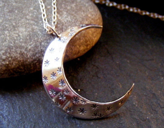 Silver Large Crescent Moon and stars Hammered  Pendant  Textured moon necklace with chain