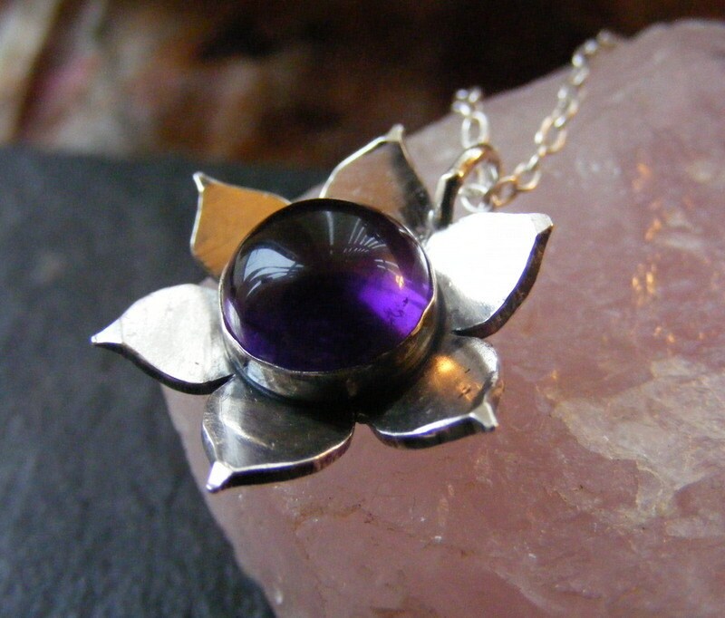 Silver Lotus Amethyst Pendant necklace with Sterling cable chain waterlily pendant