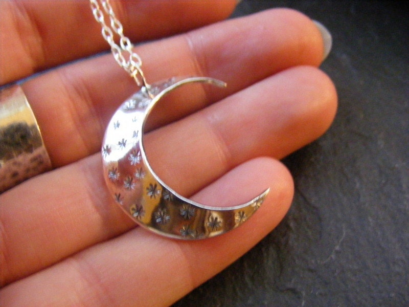 Silver Large Crescent Moon and stars Hammered  Pendant  Textured moon necklace with chain