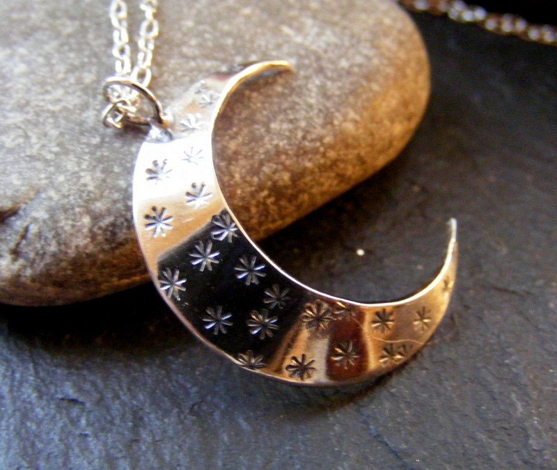 Silver Large Crescent Moon and stars Hammered  Pendant  Textured moon necklace with chain