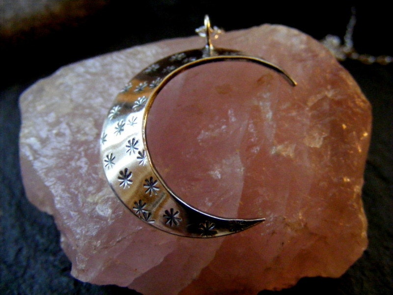 Silver Large Crescent Moon and stars Hammered  Pendant  Textured moon necklace with chain