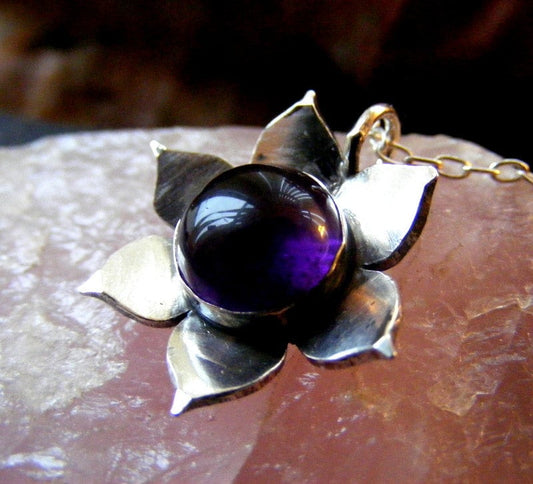 Silver Lotus Amethyst Pendant necklace with Sterling cable chain waterlily pendant