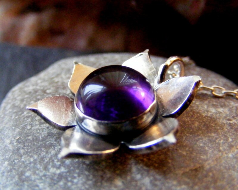 Silver Lotus Amethyst Pendant necklace with Sterling cable chain waterlily pendant