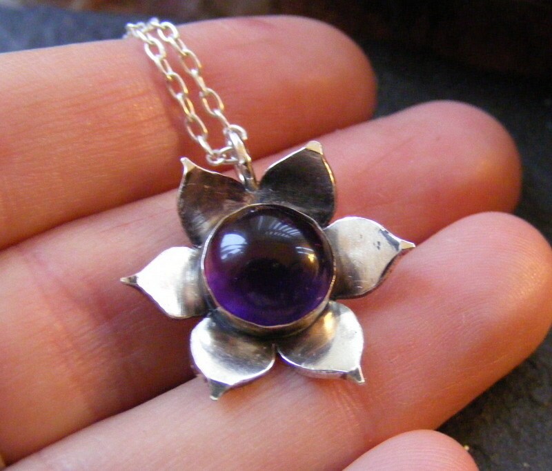 Silver Lotus Amethyst Pendant necklace with Sterling cable chain waterlily pendant