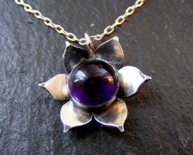 Silver Lotus Amethyst Pendant necklace with Sterling cable chain waterlily pendant