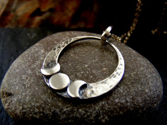 Silver Triple Moon Crescent Hammered  Pendant Necklace  Circle Celestial Pendant