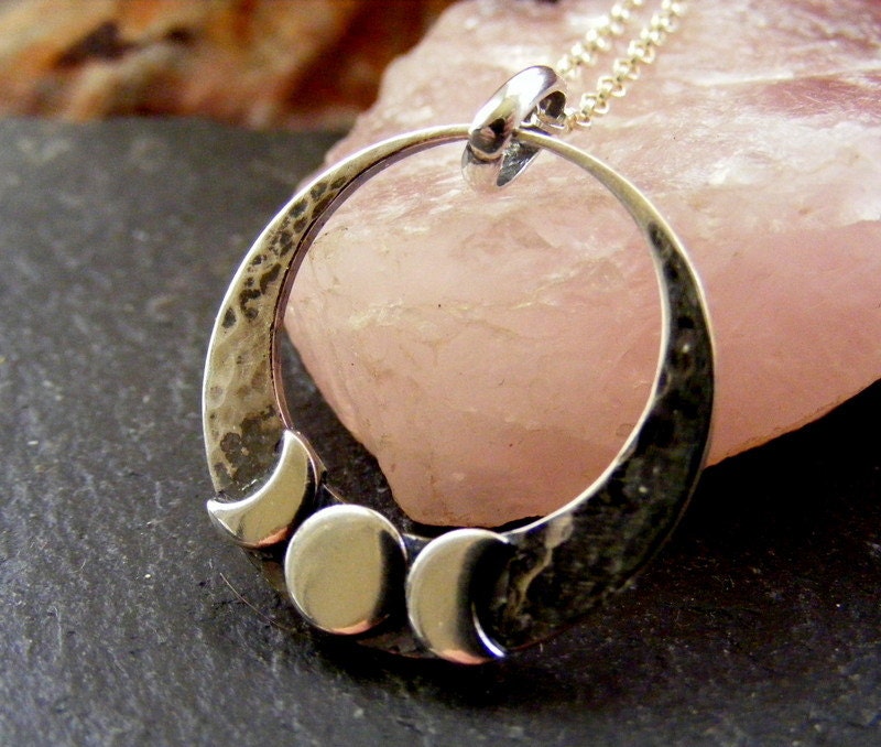 Silver Triple Moon Crescent Hammered  Pendant Necklace  Circle Celestial Pendant