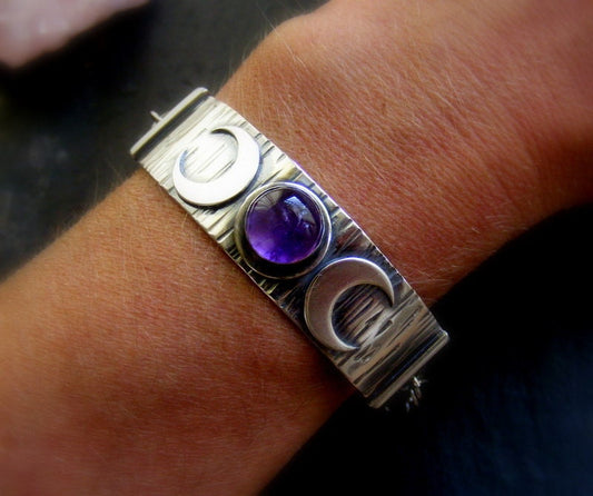Silver Triple Crescent Moon Amethyst Cuff Bracelet with woodgrain texture and handmade clasp