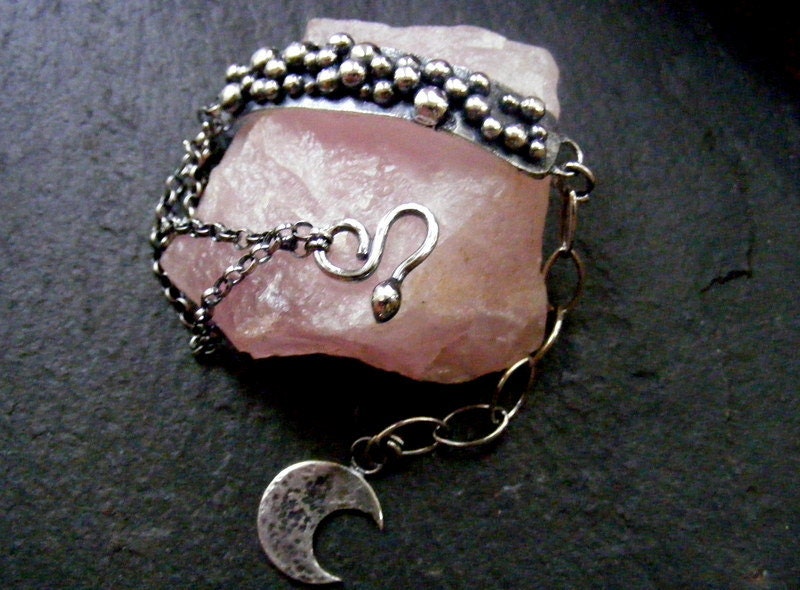 Silver Balls Rustic bracelet with crescent moon charm Oxidised silver bracelet