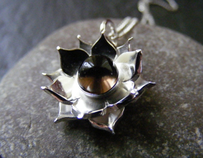 Silver Lotus Flower Smoky quartz  Pendant necklace with Sterling cable chain