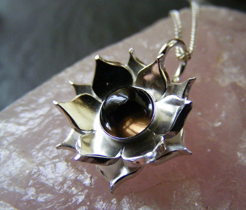 Silver Lotus Flower Smoky quartz  Pendant necklace with Sterling cable chain