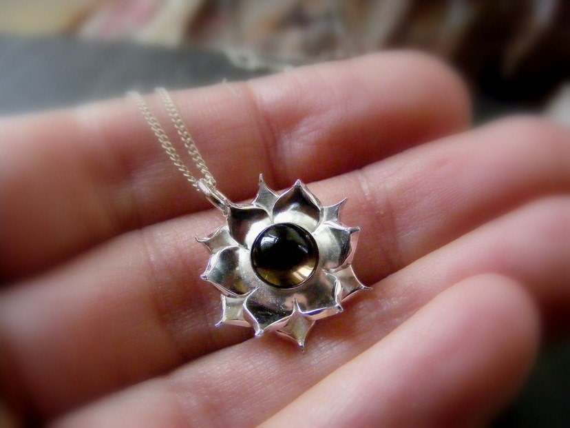 Silver Lotus Flower Smoky quartz  Pendant necklace with Sterling cable chain