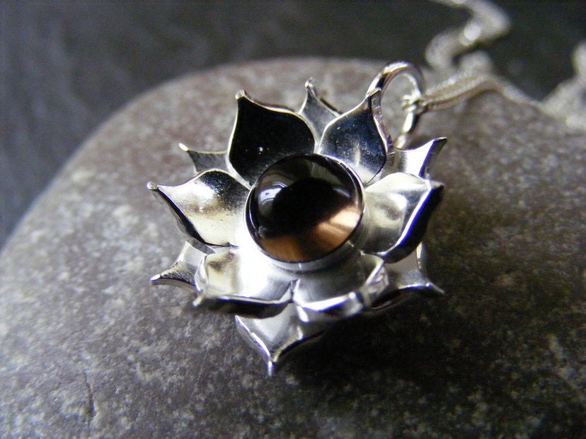 Silver Lotus Flower Smoky quartz  Pendant necklace with Sterling cable chain