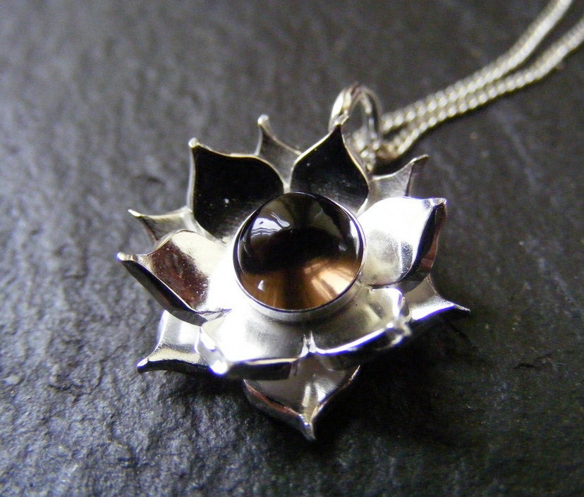 Silver Lotus Flower Smoky quartz  Pendant necklace with Sterling cable chain