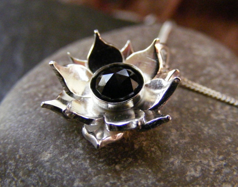 Silver Lotus Flower Black spinel Pendant necklace with Sterling cable chain