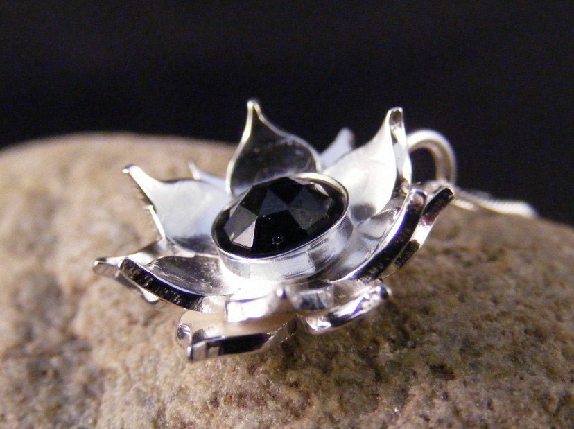 Silver Lotus Flower Black spinel Pendant necklace with Sterling cable chain