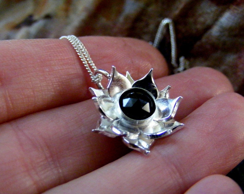 Silver Lotus Flower Black spinel Pendant necklace with Sterling cable chain