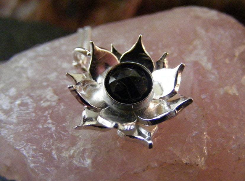 Silver Lotus Flower Black spinel Pendant necklace with Sterling cable chain