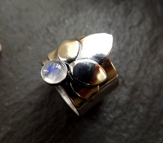 Silver Lotus Ring with moonstone Gemstone Flower statement ring with precious stone