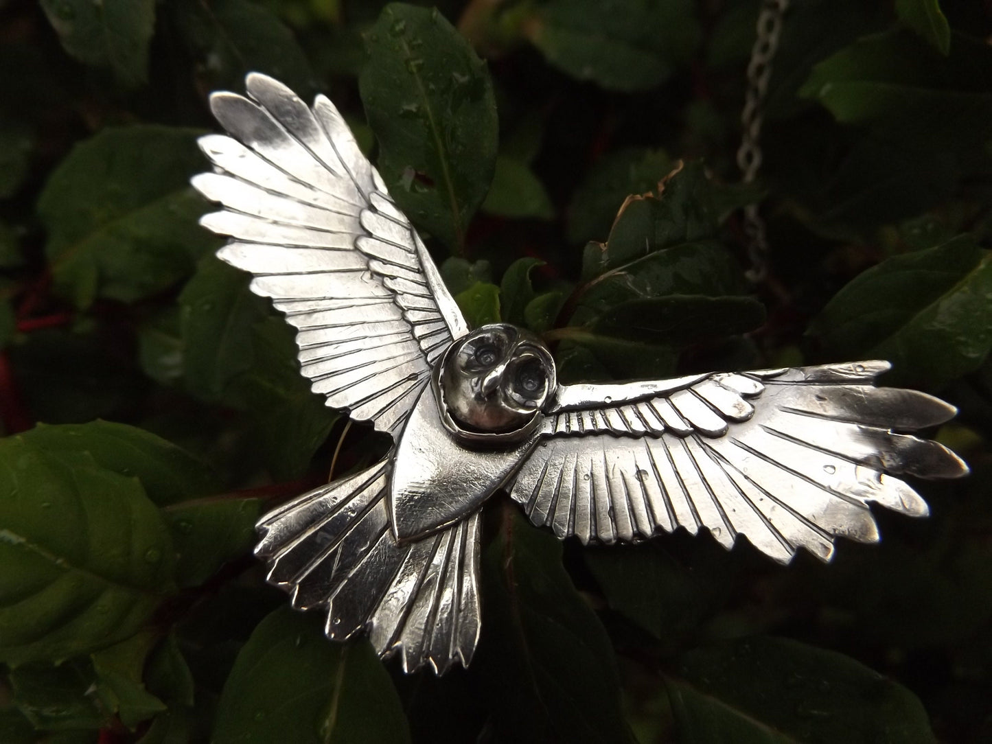 Silver owl necklace , large silver flying owl pendant with textured details