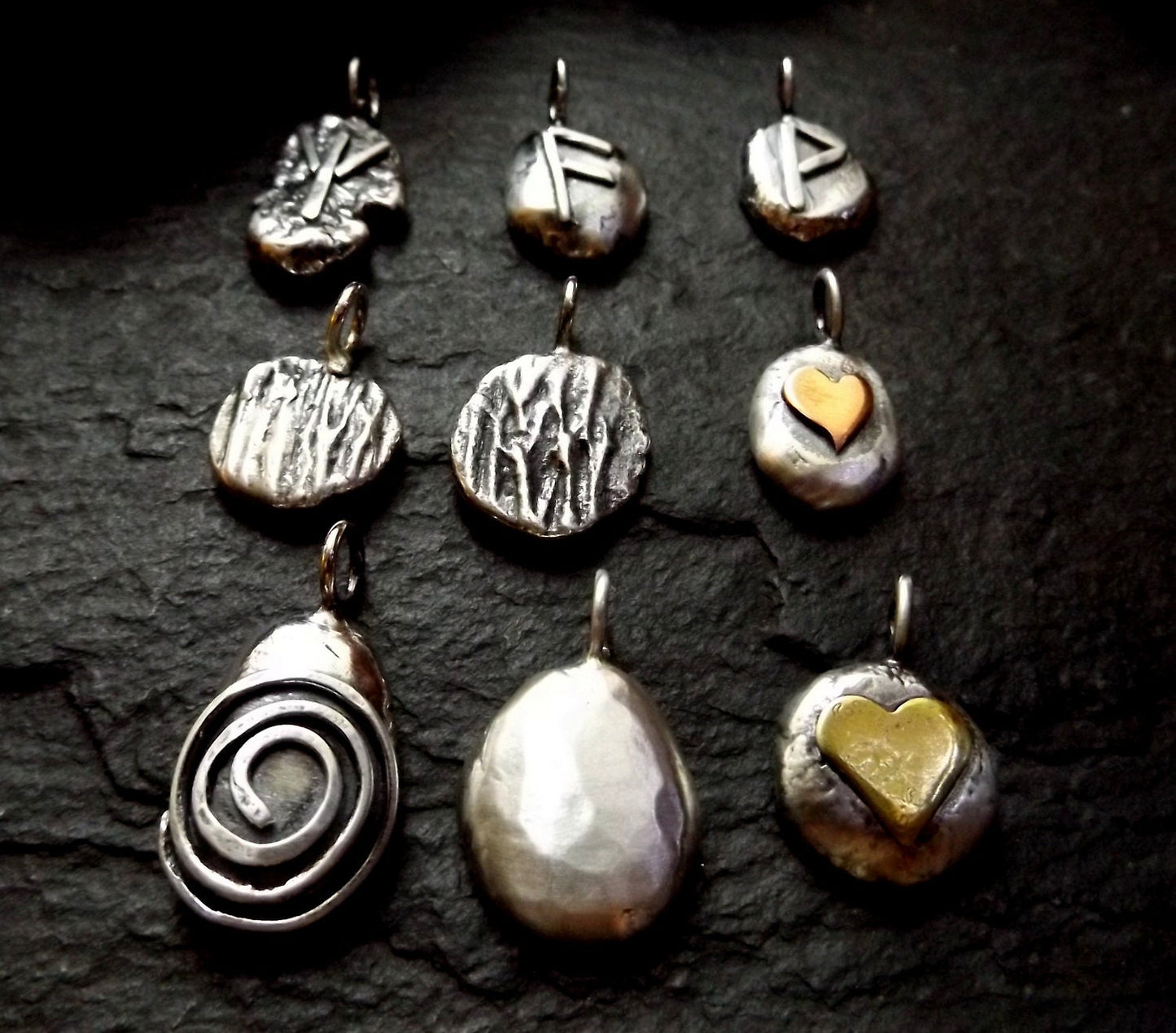 Silver pebble necklace with copper heart , mixed metal heart necklace