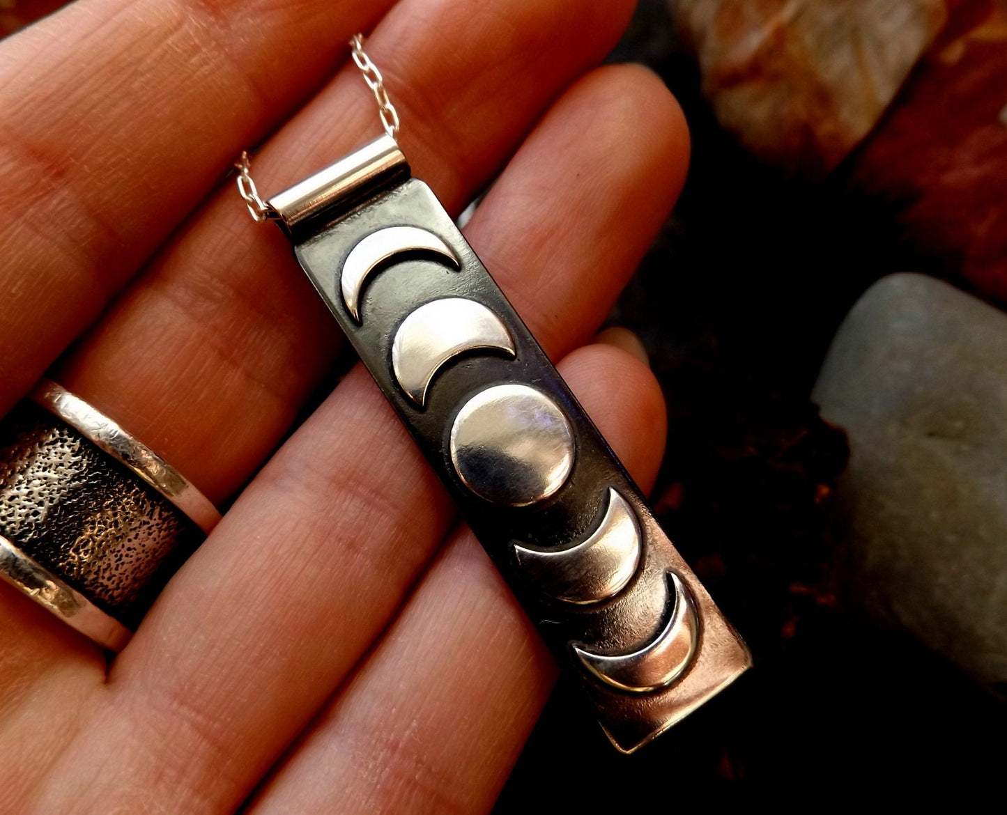 Silver moon phase bar Pendant Necklace  Celestial moon necklace