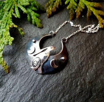 Silver moon and hare necklace , inverted moon with silver hare and crescent moons