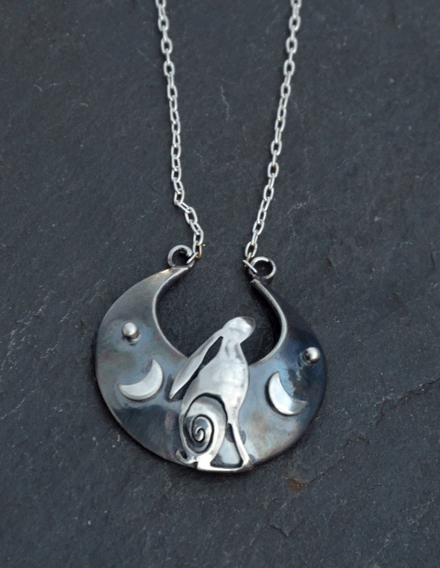 Silver moon and hare necklace , inverted moon with silver hare and crescent moons