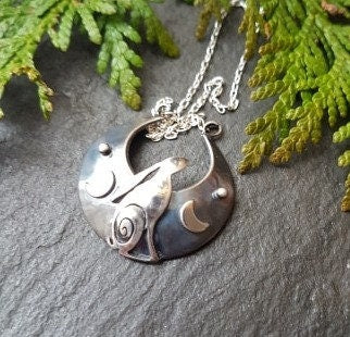Silver moon and hare necklace , inverted moon with silver hare and crescent moons
