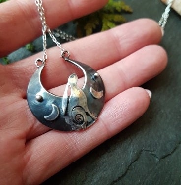 Silver moon and hare necklace , inverted moon with silver hare and crescent moons
