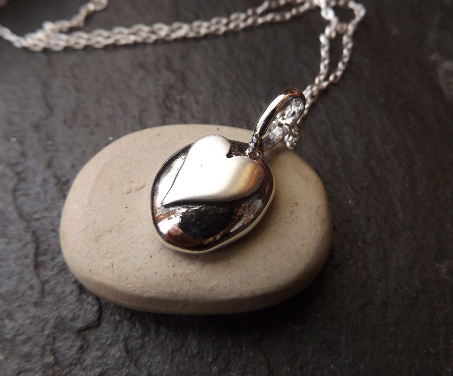 Silver pebble necklace with brushed silver  heart , mixed texture silver heart necklace